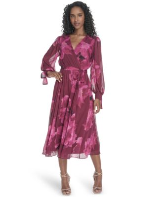 Calvin Klein Womens Tie-Sleeve Midi Dress Rosewood Multi 12