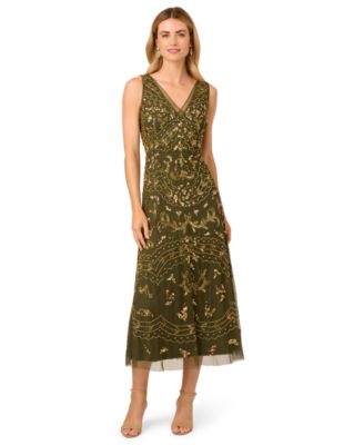 Adrianna Papell Petite Beaded Sleeveless Dress Olive 2P