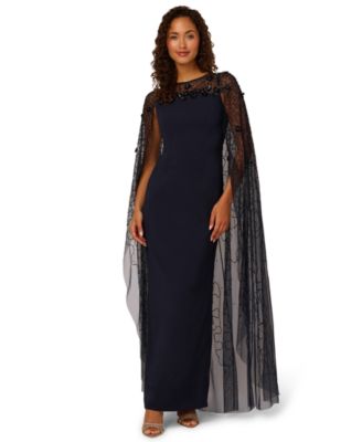 Adrianna Papell Womens Bead Cape Crepe Long D MIDNIGHT 4