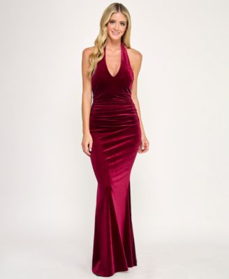 SENI CADE Juniors Velvet Plunge Halter Cabernet XL
