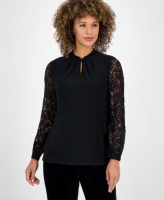Kasper Womens Sequin-Lace-Sleeve Key Black M