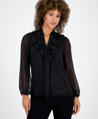 Kasper Womens Tie-Front Ruffled Blou Blackgold L