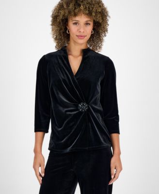 Kasper Womens 34-Sleeve Faux-Wrap V Black XL