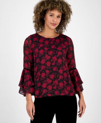 Kasper Womens Printed Flare-Sleeve B Fire Red Multi XS