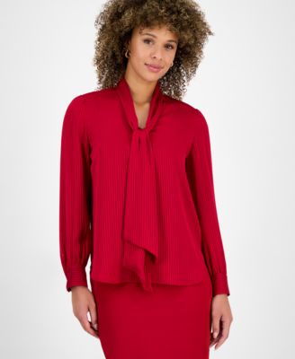 Kasper Womens Satin Long-Sleeve Tie- Fire Red XL