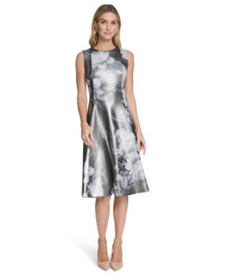Calvin Klein Womens Foil Fit Flare Dress BlackSilver Foil 8
