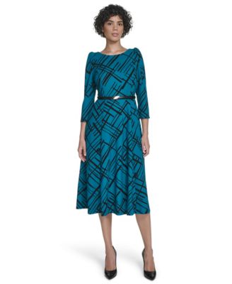 Calvin Klein Womens Belted Plaid Midi Dres EMERALDBLACK 2