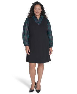 Tommy Hilfiger Plus Size Long Sleeve A-line D BlackMidnightGreen 18W