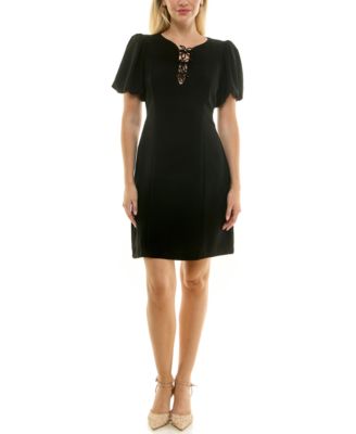 Taylor Petite Puff Sleeve Flower Trim Black 6P