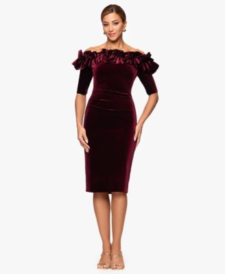 XSCAPE Womens Velvet Off The Shoulde Burgundy 14
