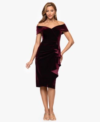 XSCAPE Womens Velvet Off Shoulder Ne Burgundy 4
