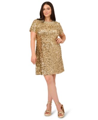 Adrianna Plus Size Beaded Mesh Short Sl Light Gold 18W