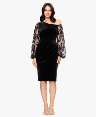 Betsy Adam Womens Lace-Sleeved Velvet Dr Black 8