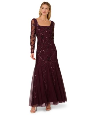 Adrianna Papell Womens Beaded Long Sleeve Dre Night plum 8
