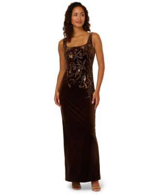 Adrianna Papell Womens Velvet Beaded Long Dre Espresso 10