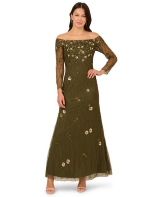 Adrianna Papell Womens Off-The-Shoulder Bead Green 2