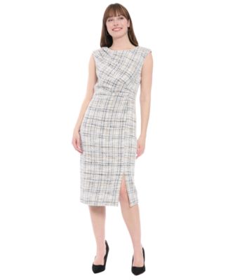 London Times Womens Pleated Shoulder Dress BLACKIVORYGRAY 18