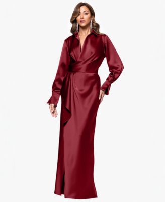 XSCAPE Womens Satin Shirtdress Gown Wine 14