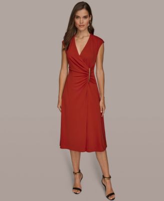 Donna Karan New York Womens V-Neck Midi Dress Autumn Red 16