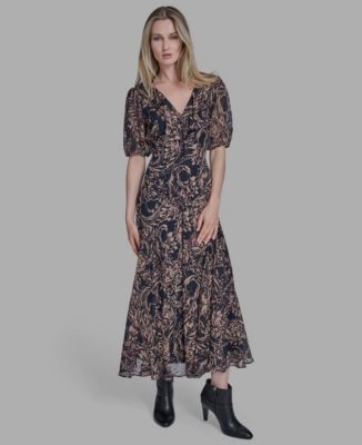 BCBG Womens Chiffon Puff Sleeve Op Deep Sea Multi 14
