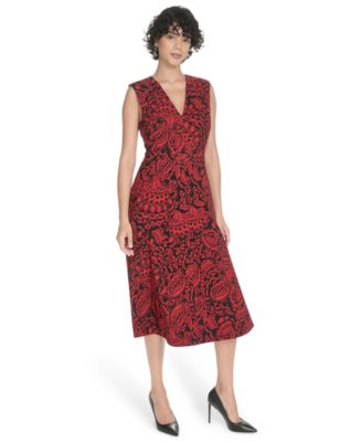 Tommy Hilfiger Womens Printed V-Neck Midi Dr BlackScarlet 6