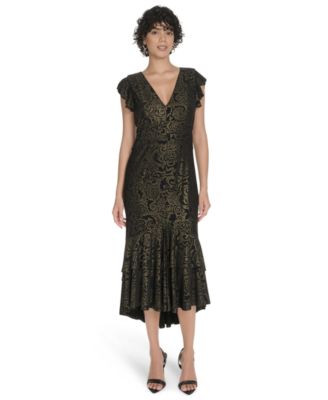 Tommy Hilfiger Womens V-Neck Tiered Hem Foil Blackgold 8