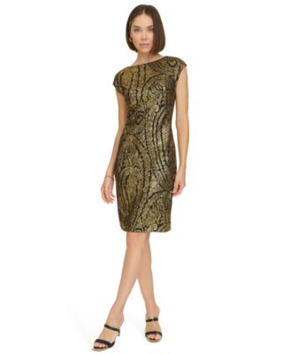 Tommy Hilfiger Petite Foil Print Sheath Dress BlackGold 2P