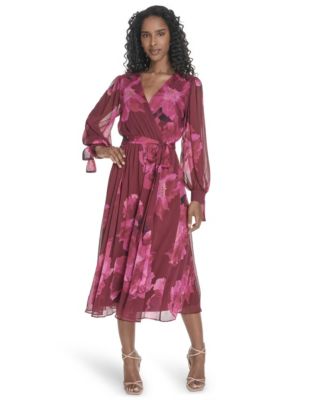 Calvin Klein Plus Size Tie Sleeve Midi Dres Rosewood Multi 14W