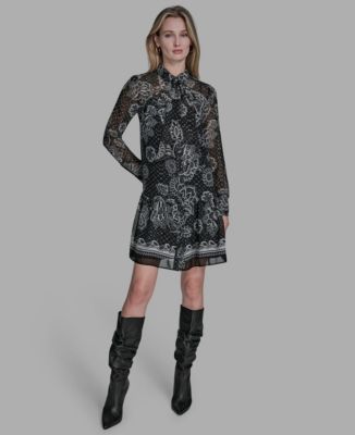 BCBG Womens Drop-Waist Long Sleeve BlackEcru 4