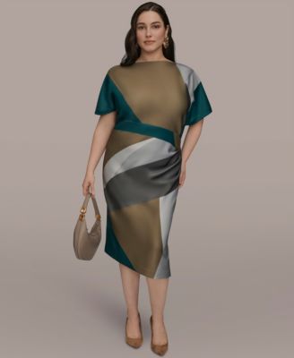Donna Karan New York Plus Size Boat Neck Scuba Dres Antique Green Multi 14W