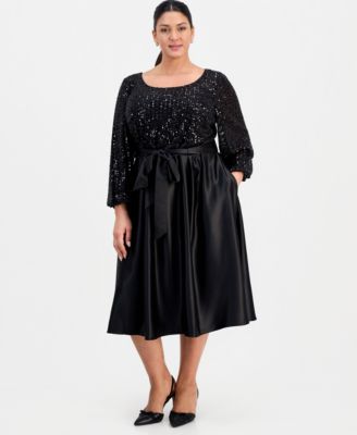 Alex Evenings Plus Size Sequin-Bodice Midi D Black 18W