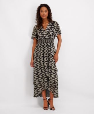 Kensie Womens V-Neck Tiered Maxi Dre Black Gold 12