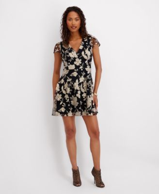 Kensie Womens Embroidered Fit and Fl Black Gold 2