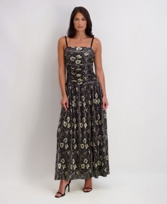 Kensie Womens Square Neck Maxi Dress Black Gold 10