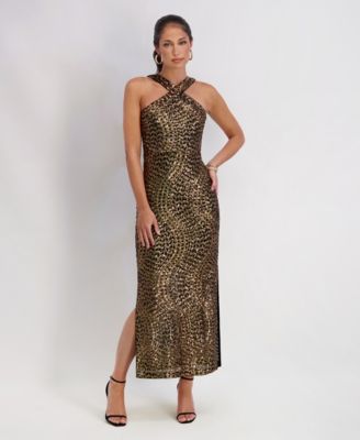 Siena Womens Sequined Halter Dress Bronze Black 6