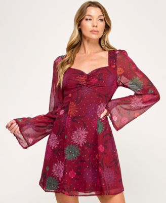 SENI CADE Juniors Long Bell Sleeve Shor BurgundyPink M