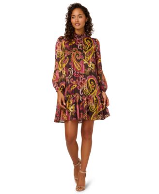 Adrianna Papell Womens Mock Neck Chiffon Prin Brown Multi 6M