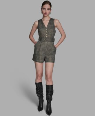BCBG Womens Belted Tweed Romper Truffle Multi 16
