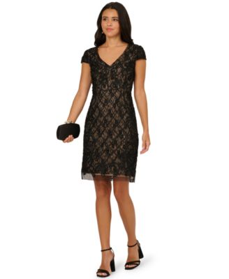 Adrianna Papell Womens Beaded V-Neck Dress BlackNude 4