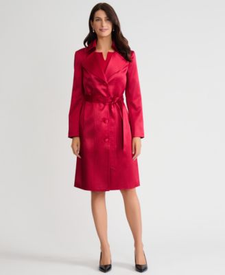 Kasper Satin Button Front Trench Coat Fire Red 16