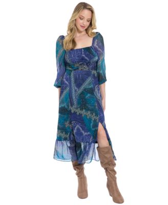 London Times Womens Bishop Sleeve Smocked BlueTeal 6