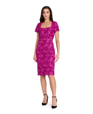 Tahari ASL Womens Puff Cap Short-Sleeve Magenta 12