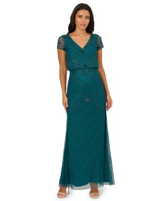 Adrianna Papell Womens Blouson Beaded Long Dr Deep Azure 6
