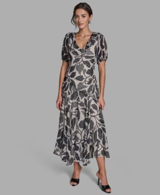 BCBG BCBG Womens Floral V-Neck Chi BlackWhisper White 12