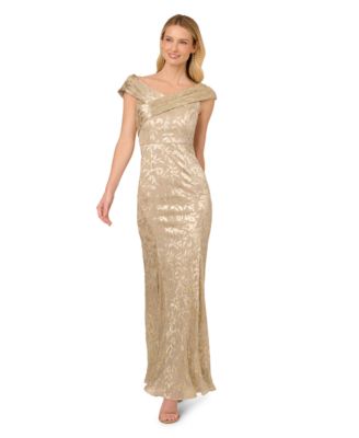 Adrianna Papell Womens Foil Leaf Mermaid Gown ChampagneGold 4