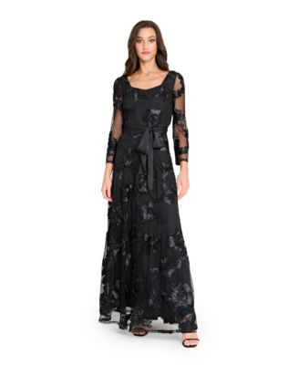 Tahari ASL Womens Embroidered Maxi Gown Black 16