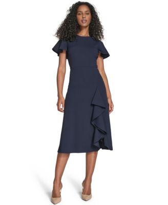 Calvin Klein Womens Flutter Sleeve Midi Dr Indigo 2