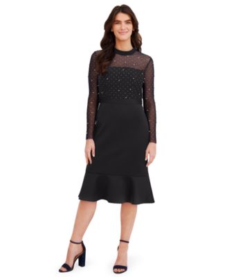 London Times Womens Pearl Trim Mock Neck M Black 12