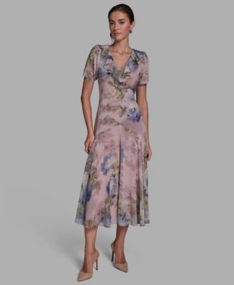 BCBG Womens V-Neck Midi Shift Dres LilacSaphire Blue Multi 10