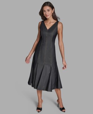 BCBG Womens Denim Midi Shift Dress Black 8